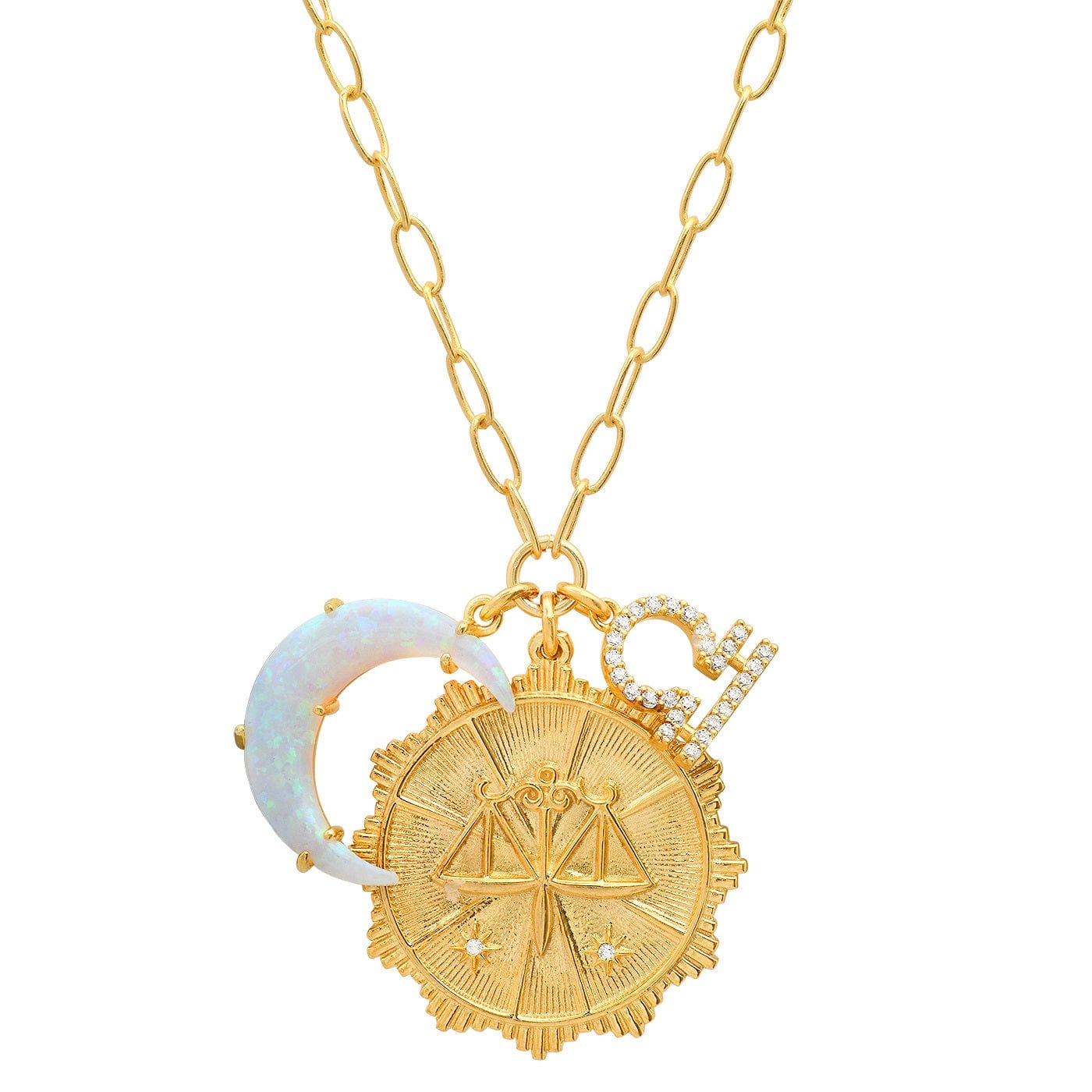 Opal Crescent Zodiac Charm Pendant Necklace