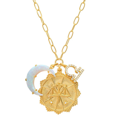 Opal Crescent Zodiac Charm Pendant Necklace