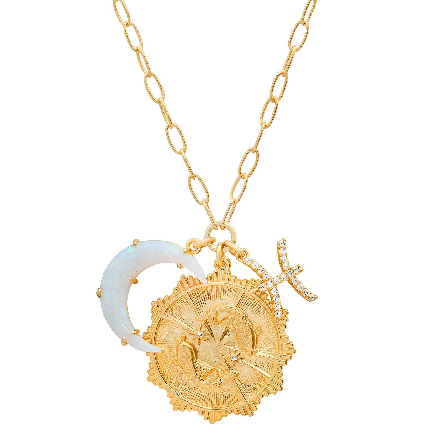 Opal Crescent Zodiac Charm Pendant Necklace