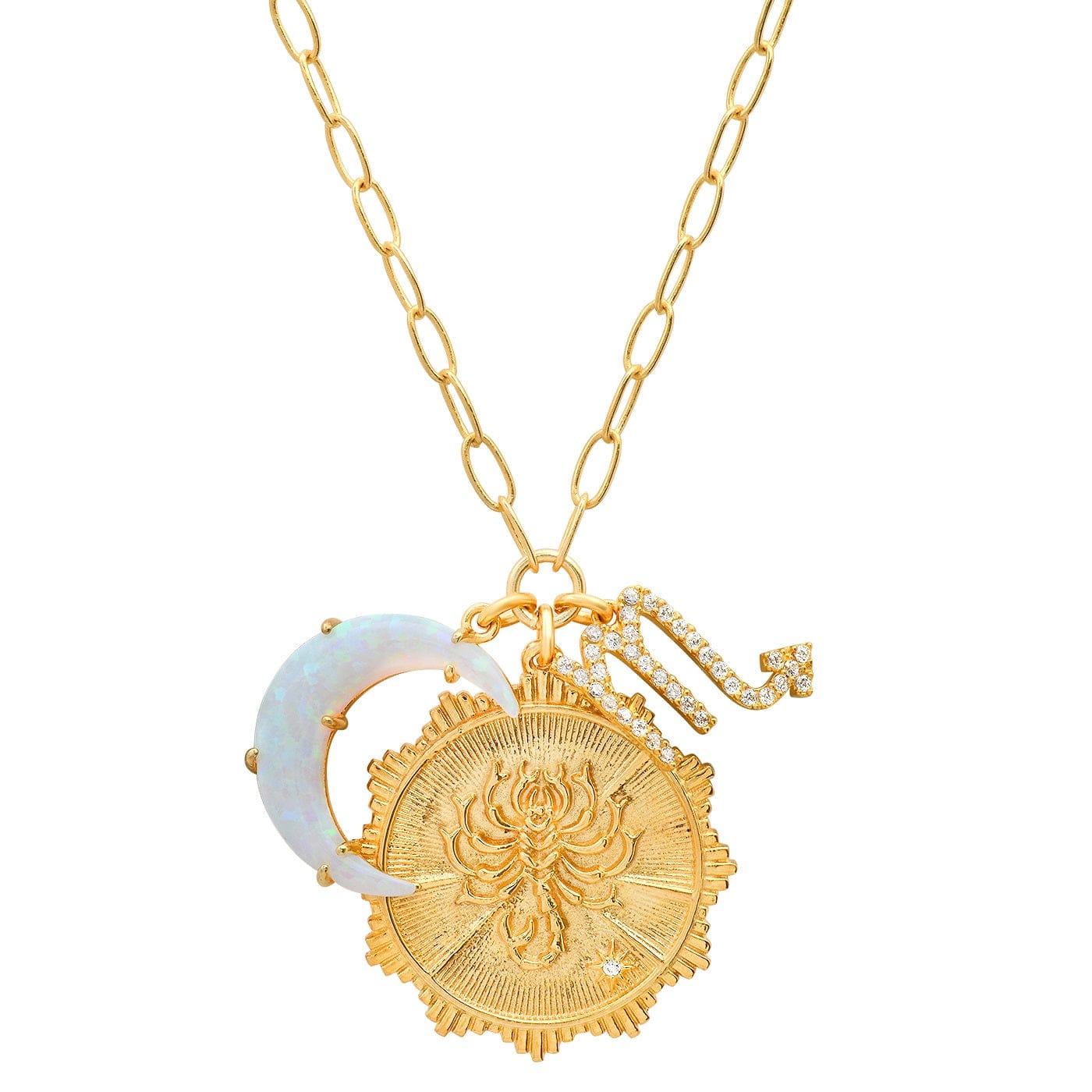 Opal Crescent Zodiac Charm Pendant Necklace