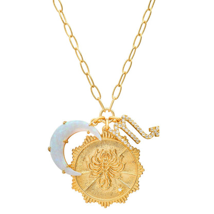 Opal Crescent Zodiac Charm Pendant Necklace
