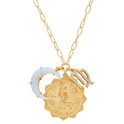 Opal Crescent Zodiac Charm Pendant Necklace