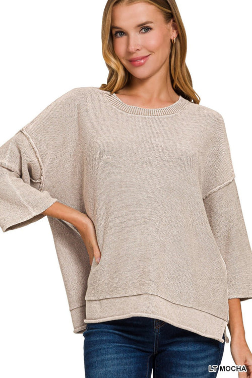 Tan heather cotton 3/4 sleeve crewneck sweater with relaxed fit