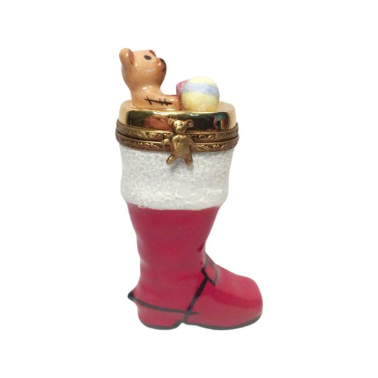 Teddy Bear Christmas Boot Stocking Porcelain Limoges xmas theme Teddy French Trinket Box