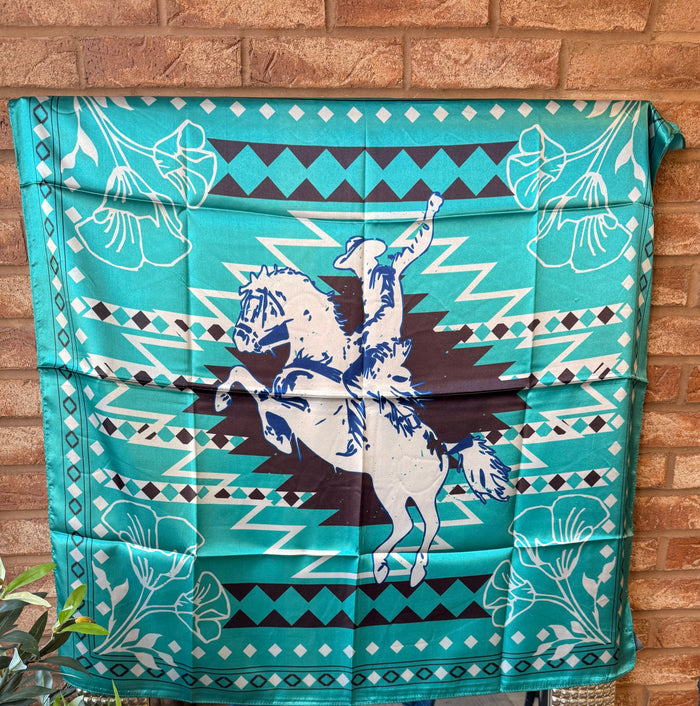 Turquoise wild rag scarf with Aztec-style geometric print and western horse motif