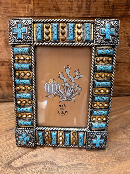 4x6 photo frame with turquoise cross insets and copper filigree, square ornamental border
