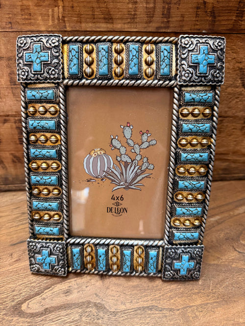 4x6 photo frame with turquoise cross insets and copper filigree, square ornamental border