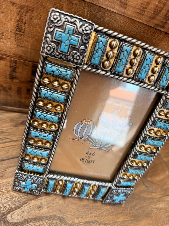 4x6 photo frame with turquoise cross and copper-style filigree border, ornate corners