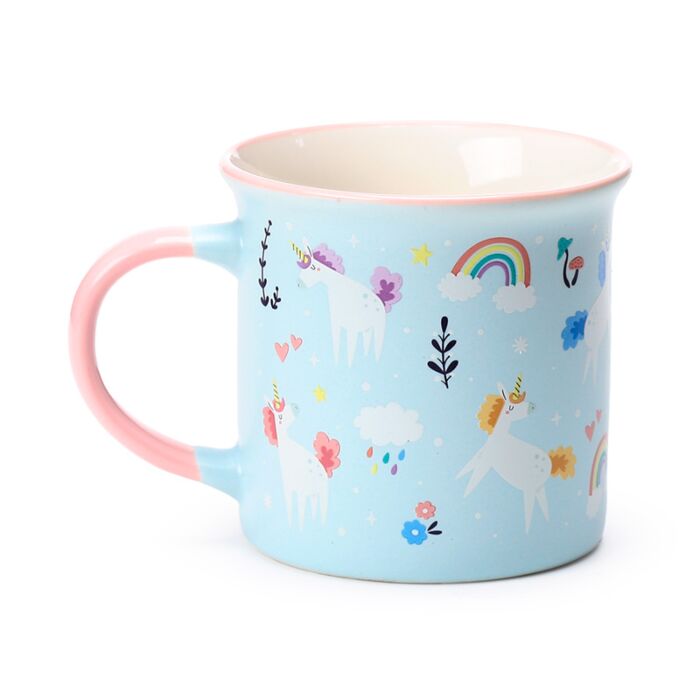 back view of unicorn magic fine-rimmed porcelain mug with unicorn design