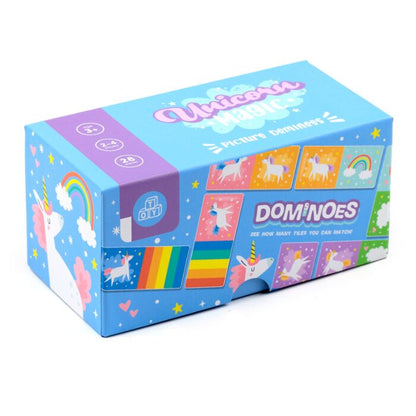 front view of unicorn magic kids dominoes set in its gift box with unicorn design