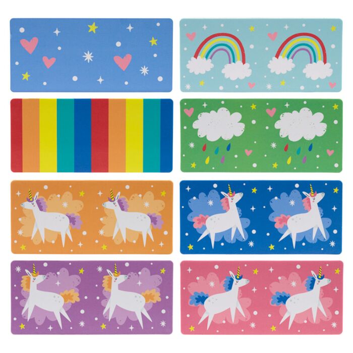 close-up of unicorn-themed domino tiles featuring fun and colourful unicorn designs