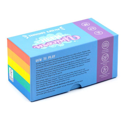 rear view of unicorn magic kids dominoes set in its gift box with unicorn illustration with play instructions