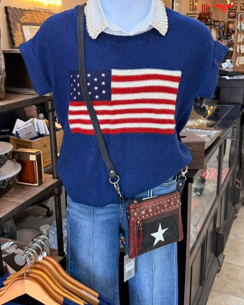 Blue short-sleeve V-neck sweater with white collar and front US flag applique pocket