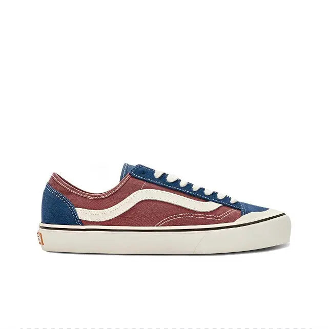 Low-top lace-up sneakers side profile with maroon quarter panel, navy heel, cream stripe, white sole