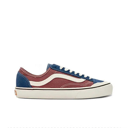 Low-top lace-up sneakers side profile with maroon quarter panel, navy heel, cream stripe, white sole