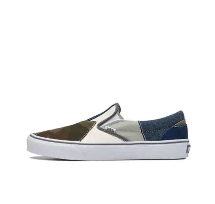 Vans Classic Slip-On sneakers, patchwork camo in navy/olive with white rubber sole