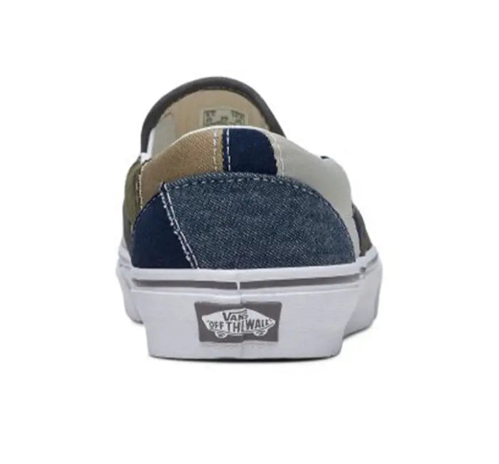 Slip-on sneakers heel view, navy and olive patchwork canvas with padded collar