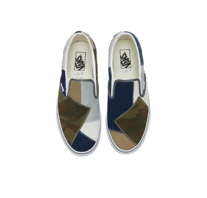 Slip-on sneakers pair, navy and olive patchwork uppers with white logo heel labels
