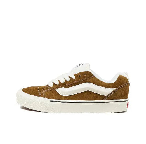 Brown suede Knu Skool low-top sneakers with white side stripe and white laces