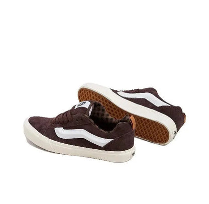 Brown low-top sneakers, lace-up, white side stripe; treaded outsole