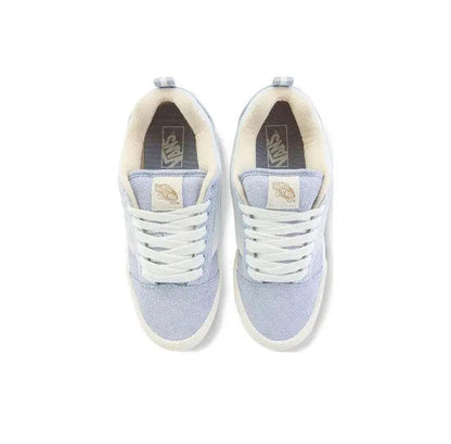 Knu Skool sneaker inner view, white laces, light blue panels, cream vulcanized sole