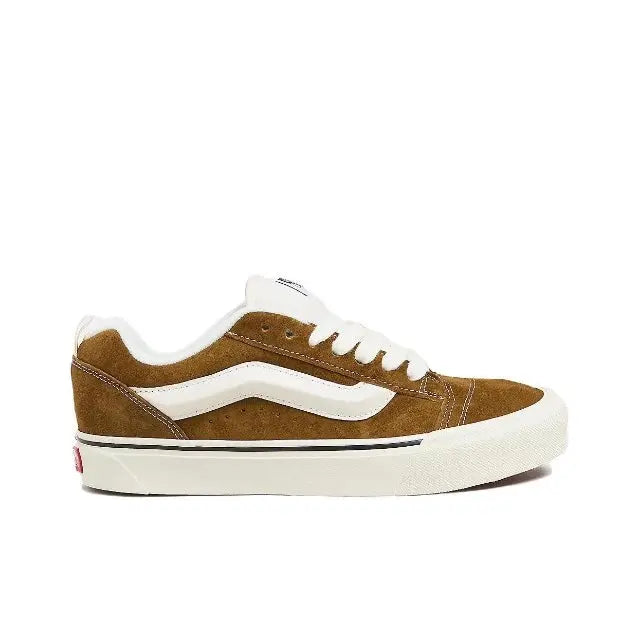 Brown suede Knu Skool low-top sneakers, side profile with white stripe and sole
