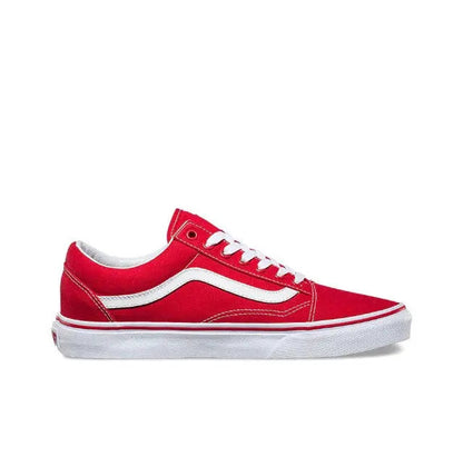 Red low-top sneakers with white side stripe, lace-up front, and white rubber sole