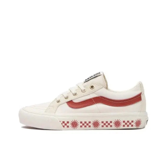 Vans SK8-Low low-top sneakers in white with red side stripe and patterned detail