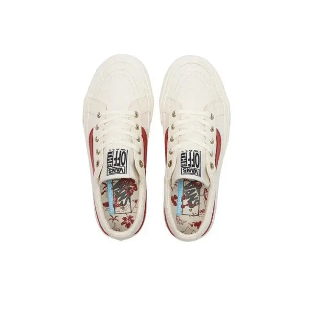 Vans SK8-Low top view, white uppers with red side stripe and interior graphics