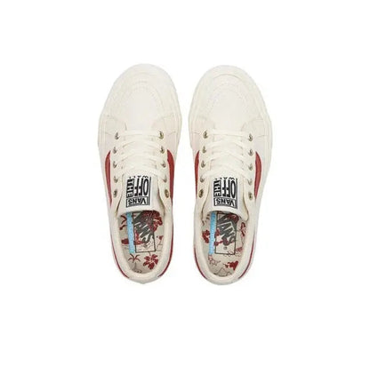 Vans SK8-Low top view, white uppers with red side stripe and interior graphics