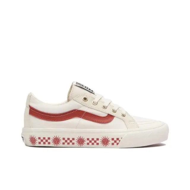 Vans SK8-Low side view: white upper with red stripe and patterned trim at sole