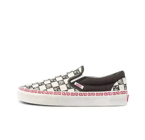 Vans Slip On sneakers, black checkered upper with red stripe and white sidewall
