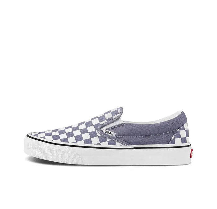 Vans slip-on sneaker with blue-gray checkered canvas and white rubber sole