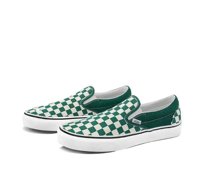 Slip-on sneakers in green-and-white checkerboard canvas with white rubber sole
