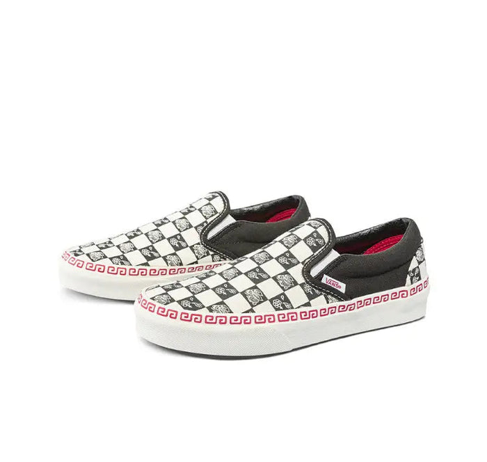 Vans Slip On sneakers, pair view with black checkered pattern and red side stripe