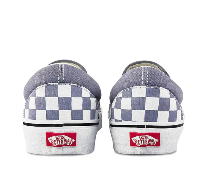 Vans slip-on sneaker heel view, checkered back panel with white rubber sole