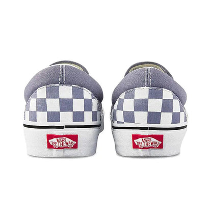 Vans slip-on sneaker heel view, checkered back panel with white rubber sole