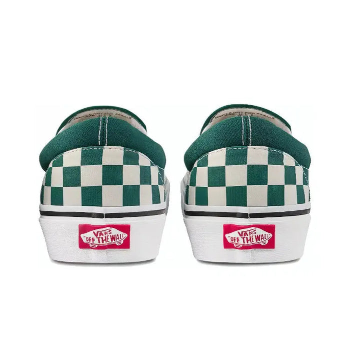 Back view of slip-on sneakers with green-and-white checkerboard heel panel and white sole