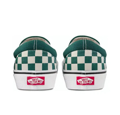 Back view of slip-on sneakers with green-and-white checkerboard heel panel and white sole