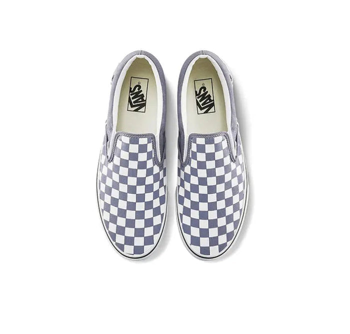 Slip-on sneaker top view, checkerboard canvas with Vans logo insole