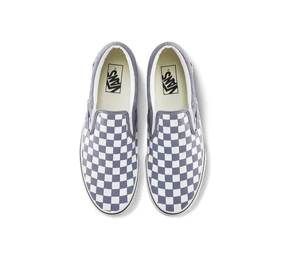 Slip-on sneaker top view, checkerboard canvas with Vans logo insole