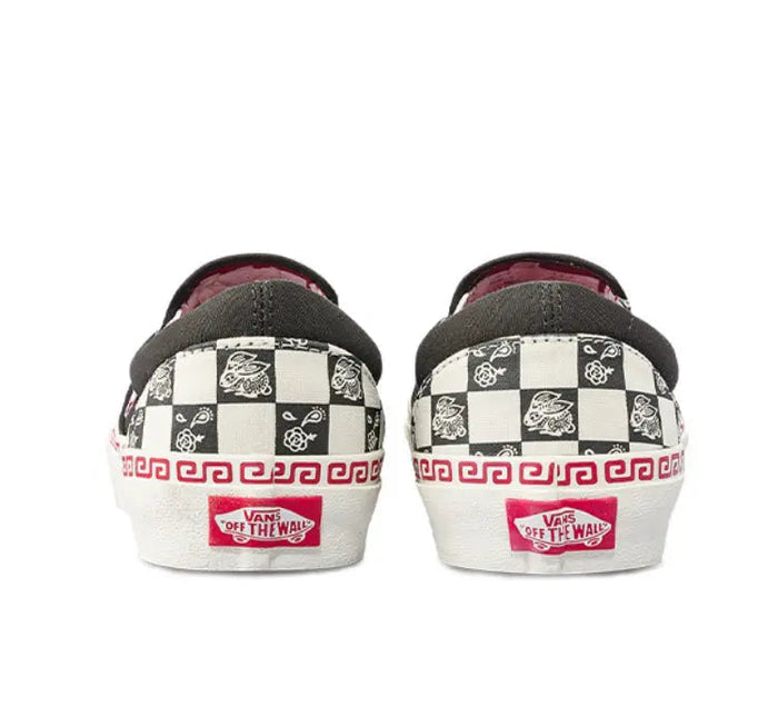 Vans Slip On heel, black canvas with checker pattern and red Vans label