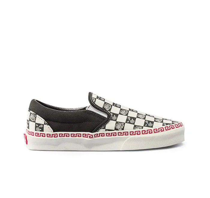 Vans Slip On sneaker, black and white checkered strap with red trim on white sole