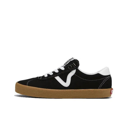 Vans Vault OG Sport Low sneakers, black suede with white V logo and gum sole