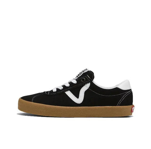 Vans Vault OG Sport Low sneakers, black suede with white V logo and gum sole