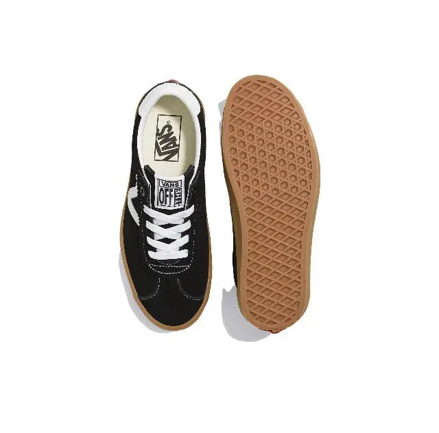 Vans Vault OG Sport Low sneakers, black uppers with white laces; gum outsole visible