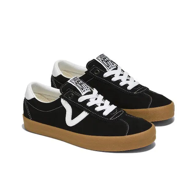 Vans Vault OG Sport Low sneakers, black with white V panels and gum rubber sole pair