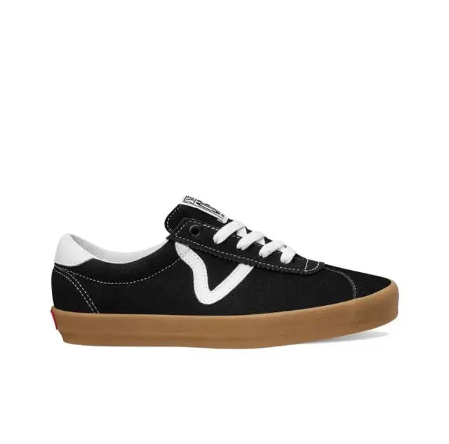 Vans Vault OG Sport Low sneakers, black suede with white V stripe and gum sole side view