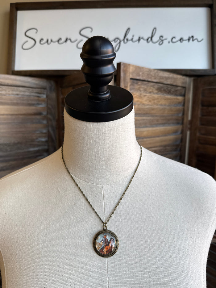 Vintage cowboy glass pendant necklace on thin chain, round pendant with cowboy artwork