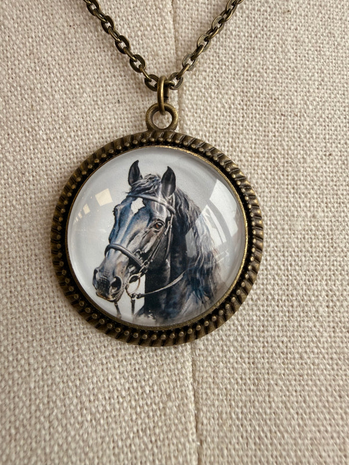 Round horse portrait glass pendant necklace with bronze-tone beaded edge chain